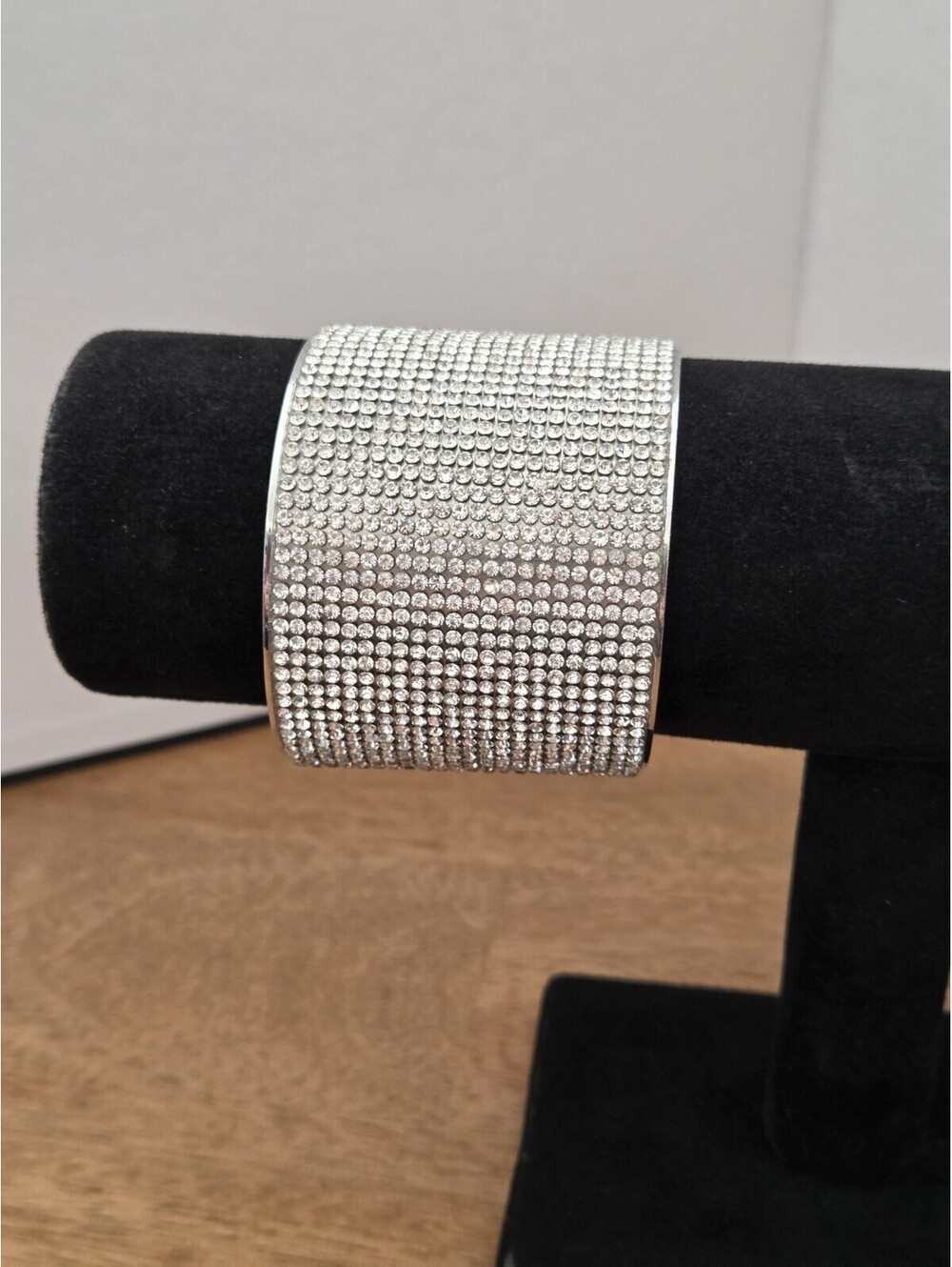 Wide Silver Tone Rhinestone Cuff Bracelet Statement Sparkle